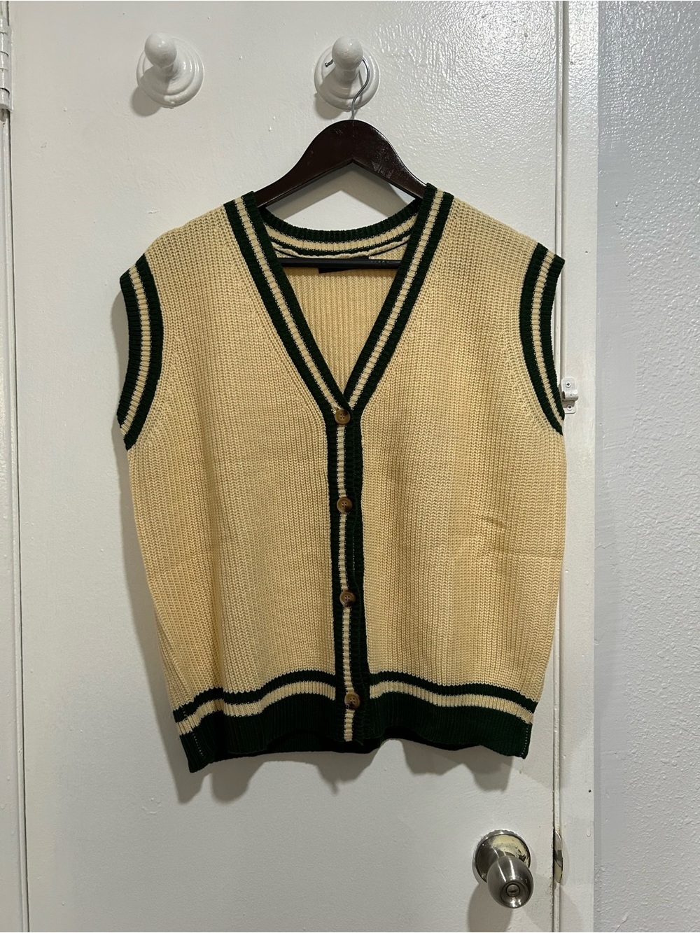 Cream and Dark Green Striped V-Neck Button Sweater Vest